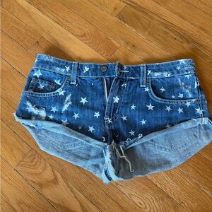 Star Print Denim Cutoff Shorts - Blue